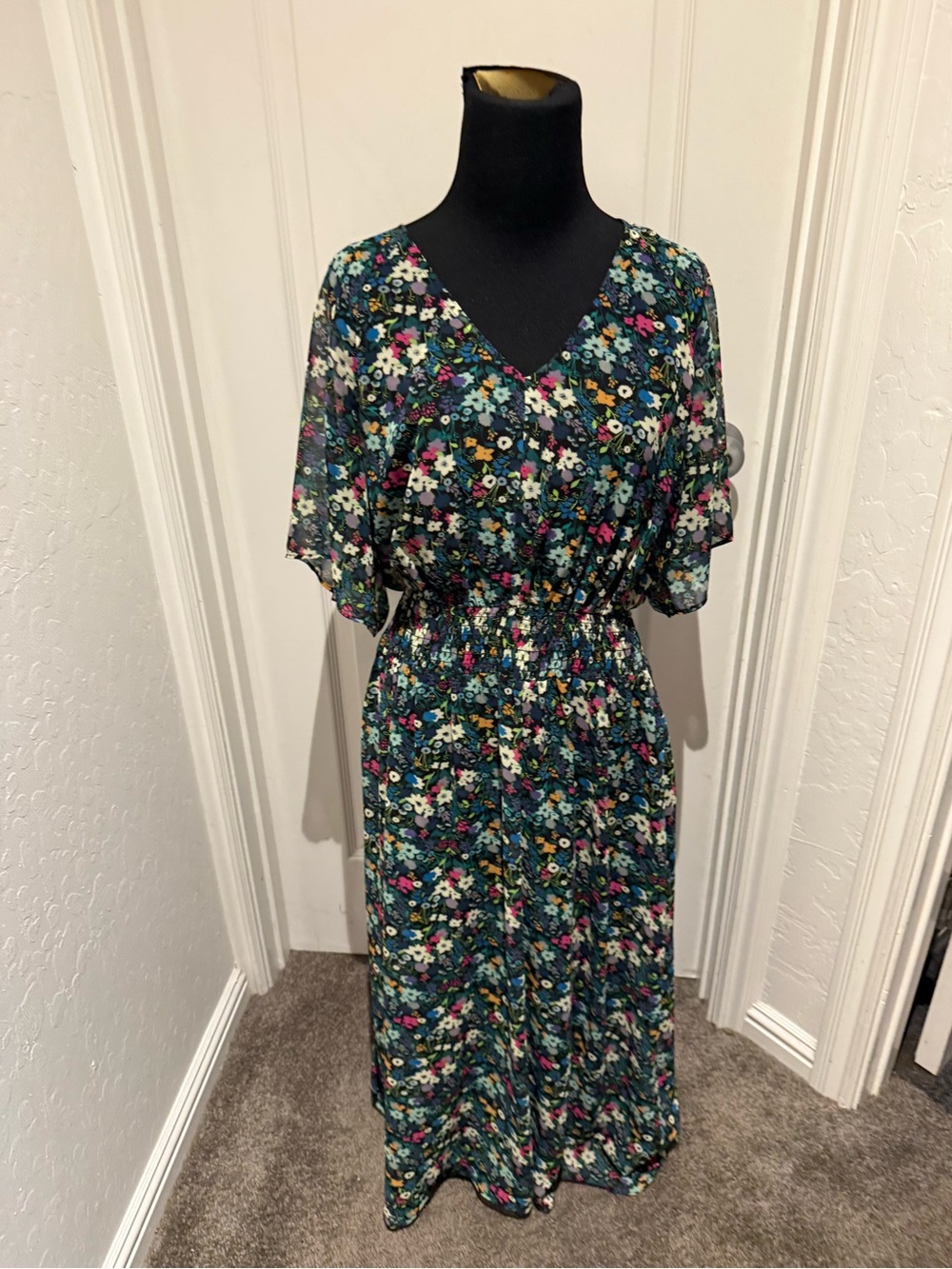 CAbi Teal Floral Maxi Dress with Multicolor Blooms